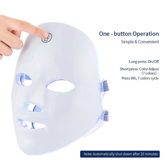 LED face mask with one-button operation on a white background