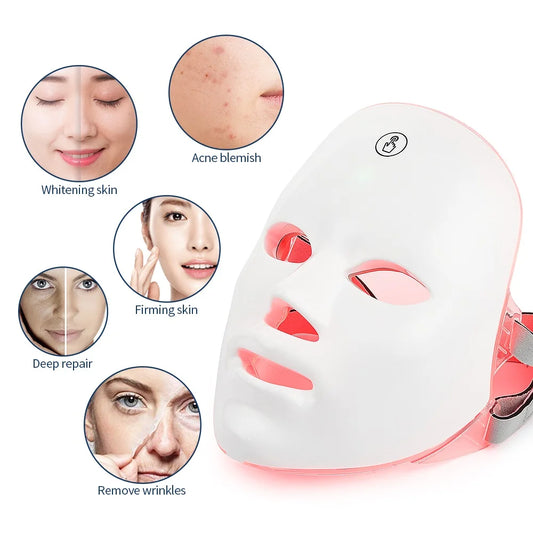 LED face mask with color-changing lights and icons showing skin improvement effects on a white background.